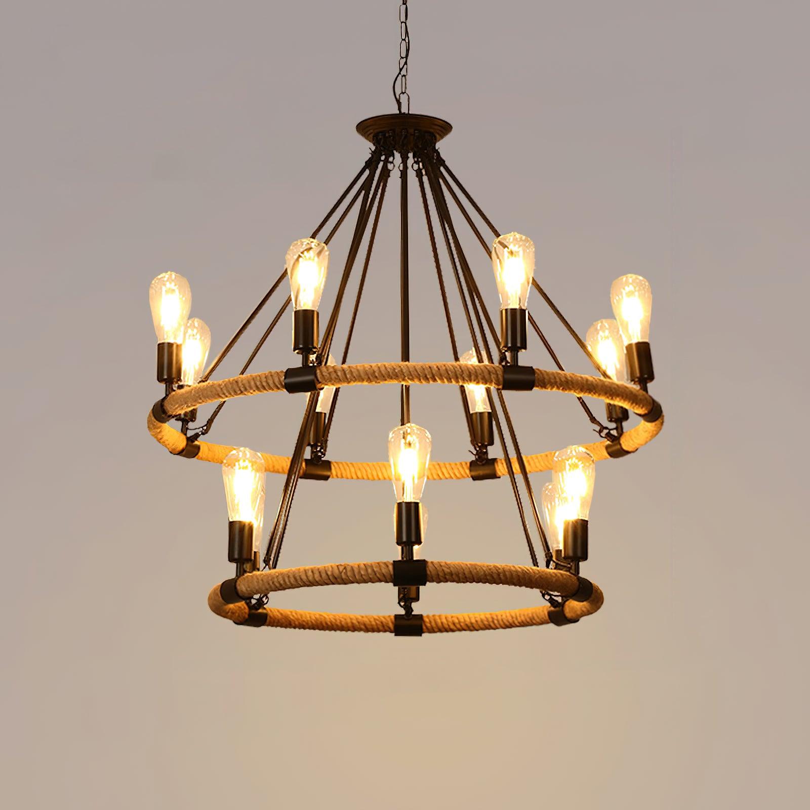Hemp Rope Industrial Large Circle Crown Chandelier
