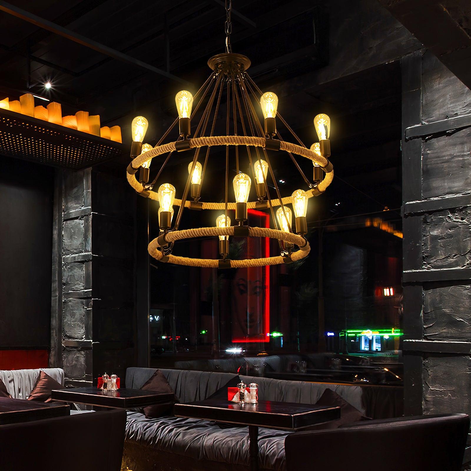 Hemp Rope Industrial Large Circle Crown Chandelier